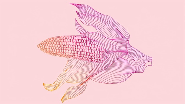 Photo detailed line drawing of an corn the illustration is made with a pink and purple gradient and has a painterly feel