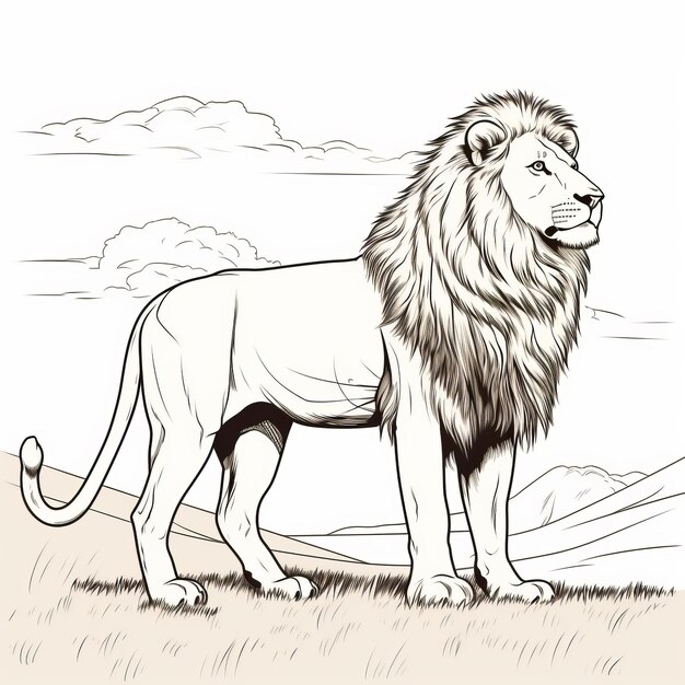 Photo detailed linear illustration of majestic lion in field