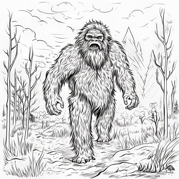 Photo detailed linework bigfoot drawing for yetithemed coloring book