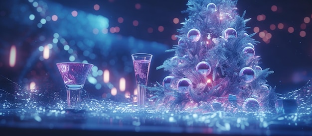 A detailed look at christmas tree and drinks on a table during christmas eve