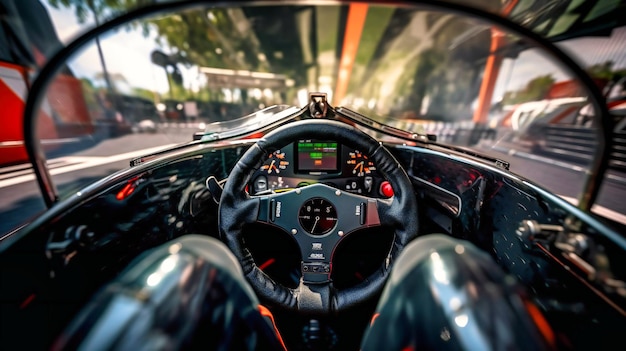 A detailed look inside a futuristic racing formula car's cockpit highlighting the driver's focus