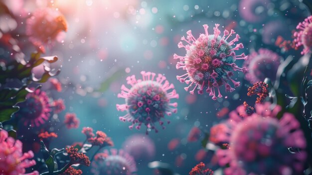 Detailed macro of coronavirus molecules redblue microbes bacteria medical concept illustration COVID19 outbreak focus AI Generative