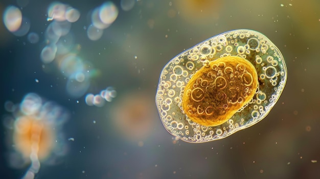 상세한 거시 이미지는 Saccharomyces cerevisiae 효모 세포를 갈색 황금색으로 보여줍니다.