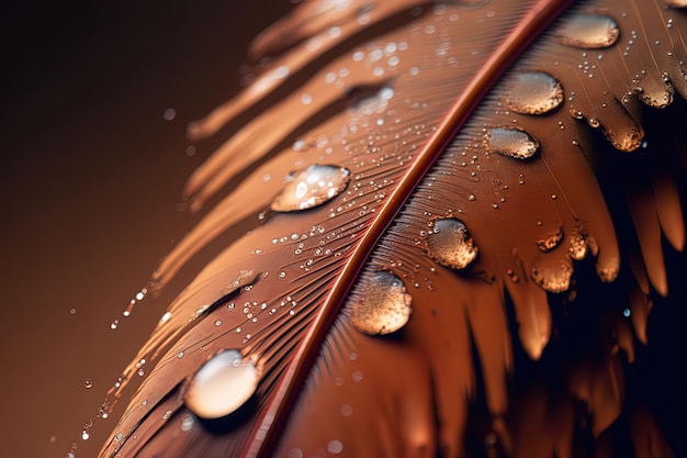 Detailed macro shot of a brown feather surface with clear water droplets