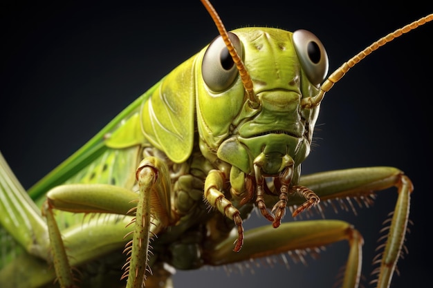 Подробный макро снимок саранчи или саранчи на черном фоне Тело насекомого ярко-зеленое