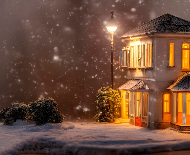 detailed miniature diorama a russian residential building in russian suburb, cozy snowy