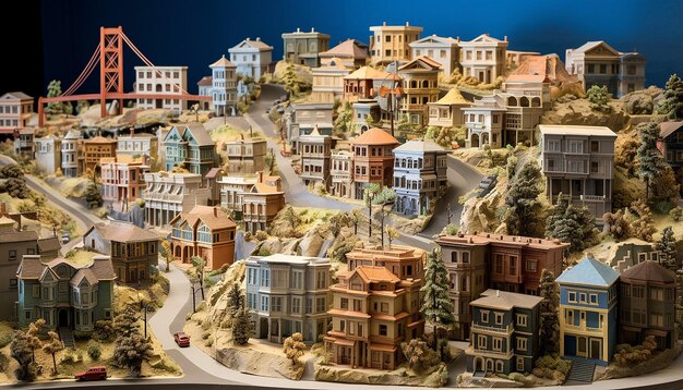 여러 재료를 사용하여 샌프란시스코의 상세한 소형 모델에는 도시의 언덕 지대가 포함됩니다.
