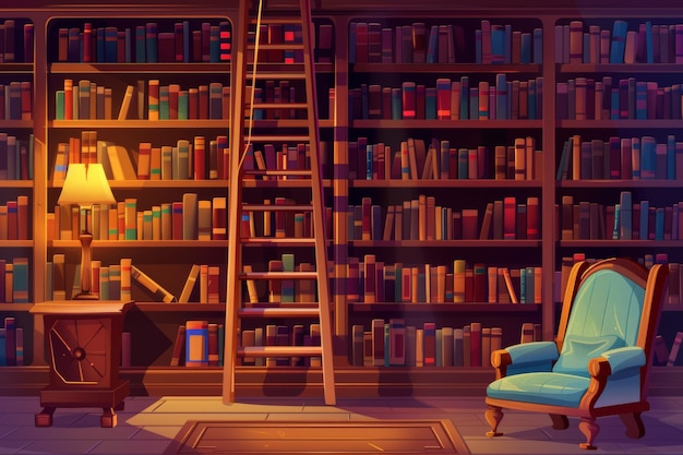 Подробная современная иллюстрация старой роскошной библиотеки с книжными полками, лестничными стульями и лампами в домашнем магазине или университете