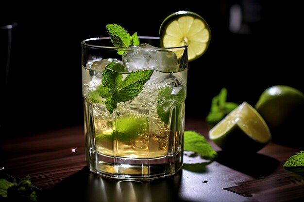 A detailed mojito glass filled with refreshing ingredients contrasted against a pure black background