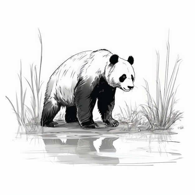 Detailed Monochrome Sketch Of Panda In River 2d Game Art