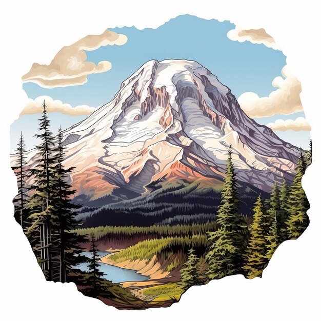 Photo detailed mount rainier sticker colorful digital illustration with traditional ink painting style