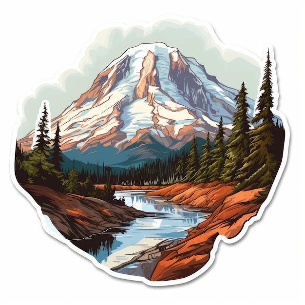 Detailed Mount Rainier Sticker Realistic Illustration On White Background