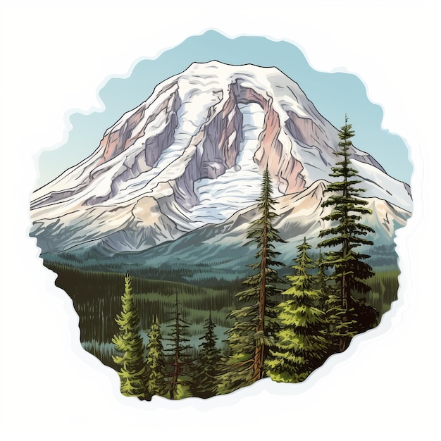 Photo detailed mt rainier sticker architectural illustration in traditional oilpainting style