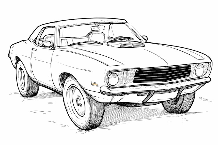 Фотография подробная страница для окрашивания мускульных автомобилей для взрослых, ищущих расслабления и творчества