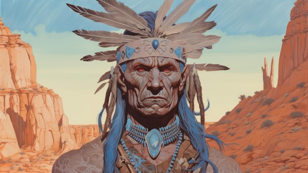 Detailed Painting Of Greek Of The Comanche Tribe In Arid Desert