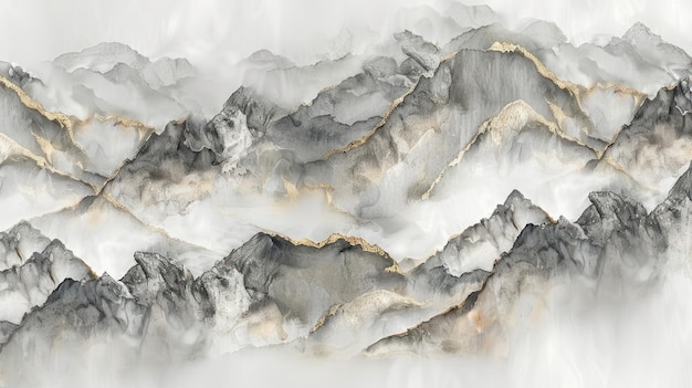 A detailed painting of a vast mountain range under a cloudy sky