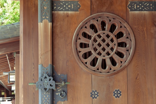 Photo detailed pattern of open wooden door of japanese temple in tokyo