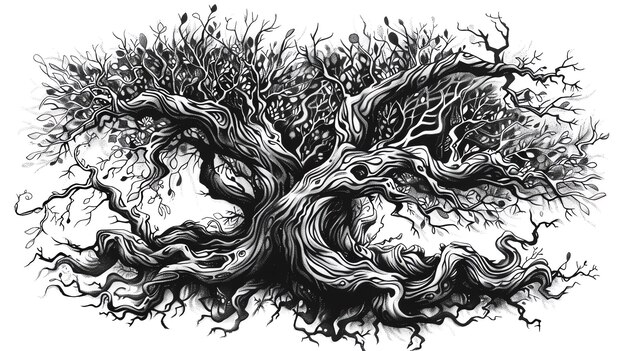 Photo a detailed pen and ink drawing of a large gnarled tree with a few leaves