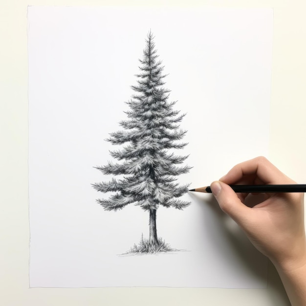 사진 상록 나무 의 상세 한 연필 그림 과현실적 인 일러스트레이션