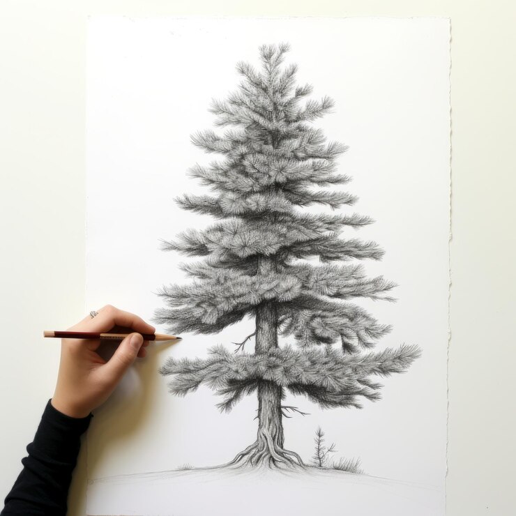 Photo detailed pencil drawing of a pine tree on large canvas
