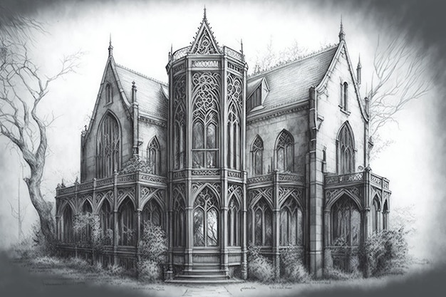 Detailed pencil sketch of gothic house with delicate details and intricate patterns on the windows