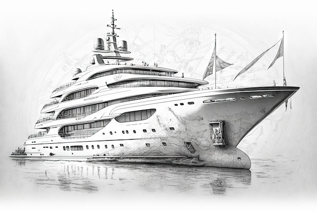 Detailed pencil sketch of luxury yacht with deck and deck details visible