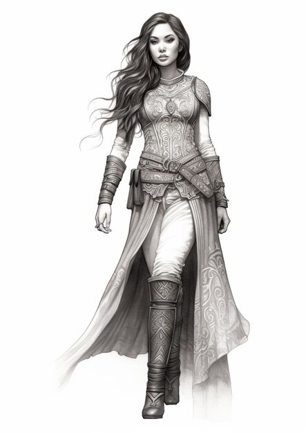 Photo detailed pencil sketch of majestic elvin female fantasy character