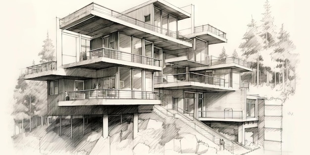 Detailed pencil sketch of modern suburban house Abstract imaginary building concept Generative AI