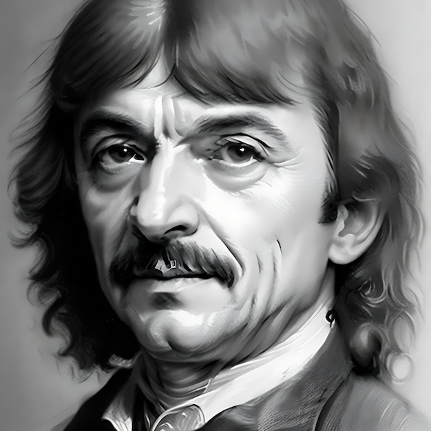 A detailed pencil sketch of Ren Descartes with a thoughtful expression and a hint of a smile