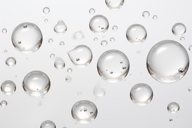 Photo detailed perspective of a collection of clear water droplets against a stark white backdrop