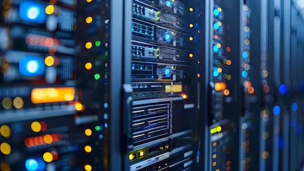 detailed perspective of data center computer racks highlighting it infrastructure and networking concept data center infrastructure it networking computer racks technology perspective