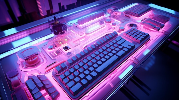 Detailed perspective of a top view colorful keyboard arrangement on a clean desk