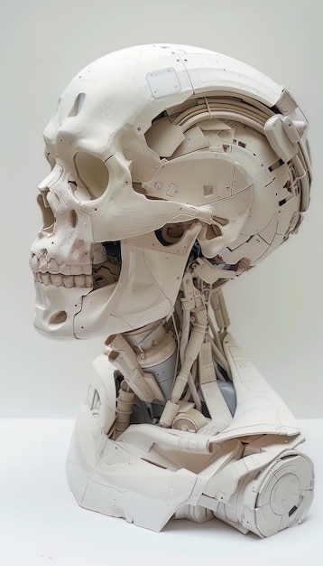 A detailed photo of a skull of a cyborg with a partially removed face wires and tubes are visible