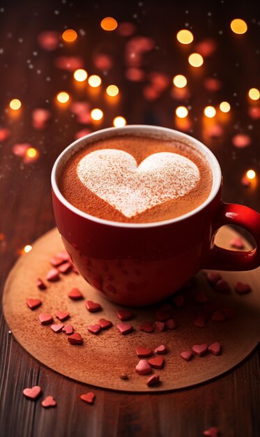 Foto foto dettagliata sul tema di san valentino nella foto una tazza di caffè caldo o tè con un cuore