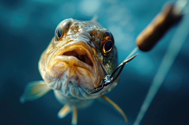 A detailed photograph capturing a fish up close with its mouth wide open Closeup perspective of a fish struggling on the end of a fishing line AI Generated