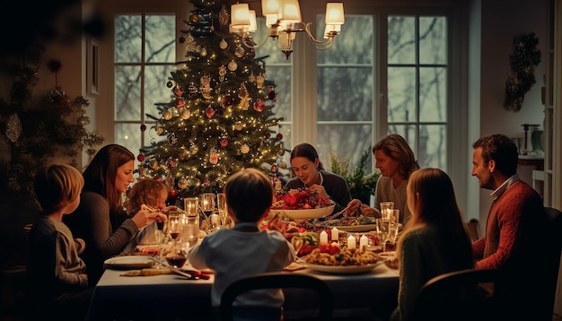 detailed photograph of a family having Christmas dinner around the table