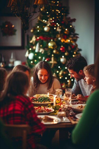 Foto fotografia dettagliata di una famiglia che ha la cena di natale intorno al tavolo