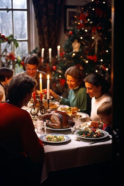 Fotografia dettagliata di una famiglia che ha la cena di natale intorno al tavolo
