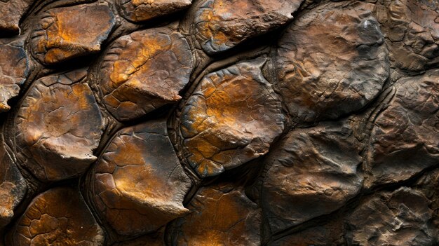 A detailed photograph of fossilized dinosaur skin showcasing the scales and ridges that were once