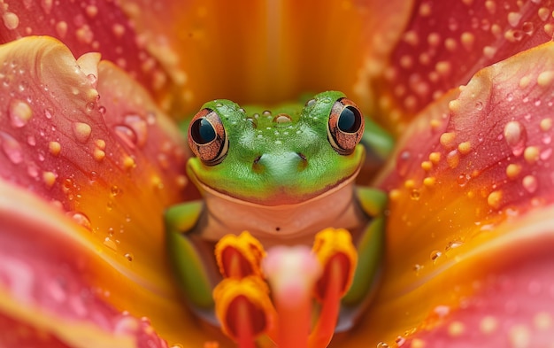 Photo detailed photography frog in green peeking through fiery orange blossom