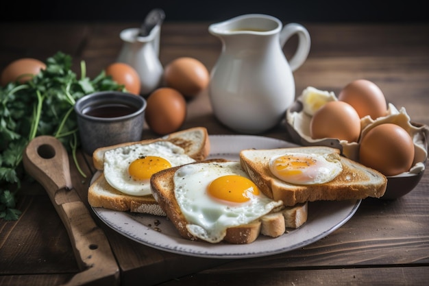 Detailed plate of delicious breakfast with eggs toast and coffee created with generative ai