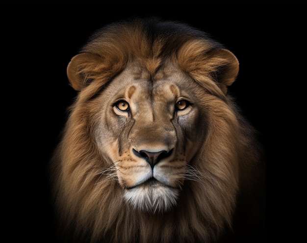 Detailed portrait of a lion39s face isolated on black background generative ai