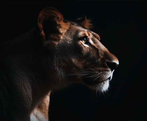 Detailed portrait of lioness face isolated on black background generative ai