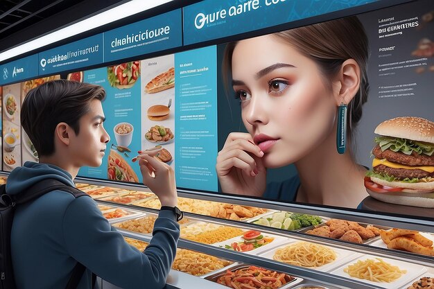 Photo detailed portrait of a person contemplating food choices at an airport food court billboard generative ai