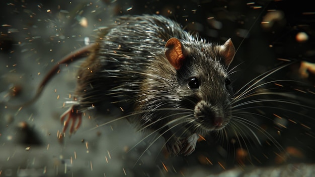 Detailed portrait of a rat whisking through shadows urban debris blurred
