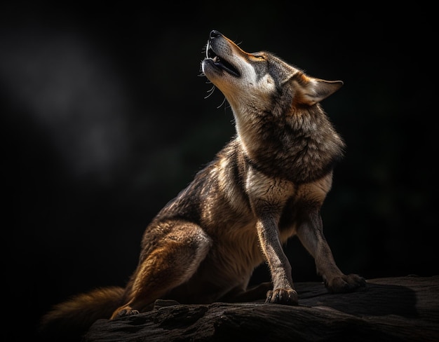 Detailed portrait of a wolf roaring on a dark background generative ai