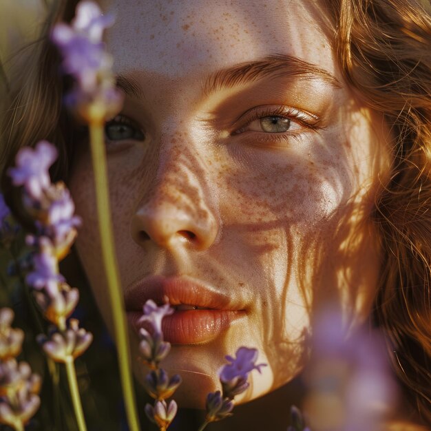 Foto un ritratto dettagliato della faccia di una donna circondata da fiori viola