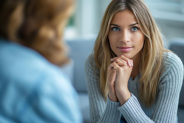 柔らかい背景の暖かい編みスカーフを着た若いスタイリッシュな女性の詳細な肖像画