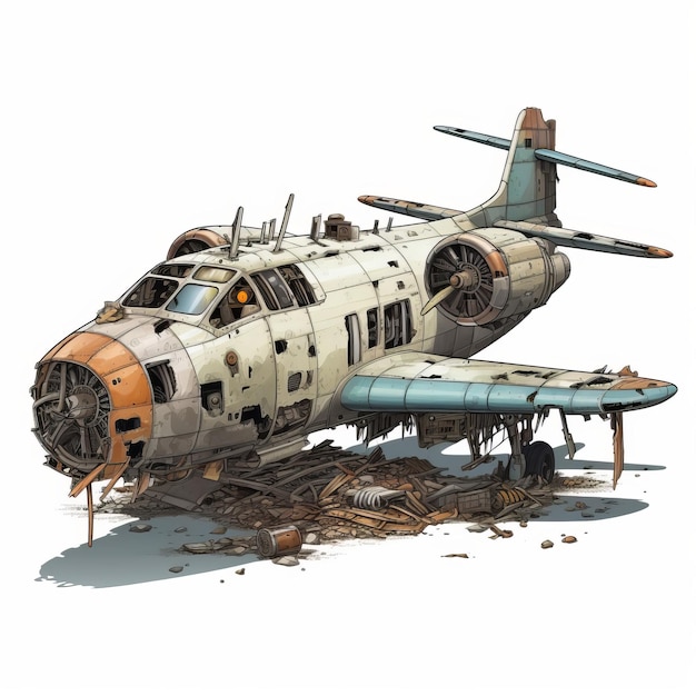 Photo detailed postapocalyptic airplane illustration on white background