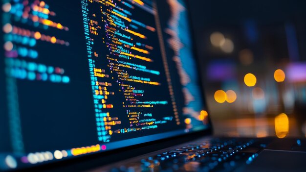detailed programming code on a laptop screen with glowing reflections during a latenight coding session the scene captures a focused software developer working on code in low light